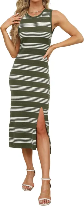 WIHOLL Womens Bodycon Summer Casual Midi Sundress Sleeveless Cute Hollow Out Knit Side Slit Striped Long Tank Dress