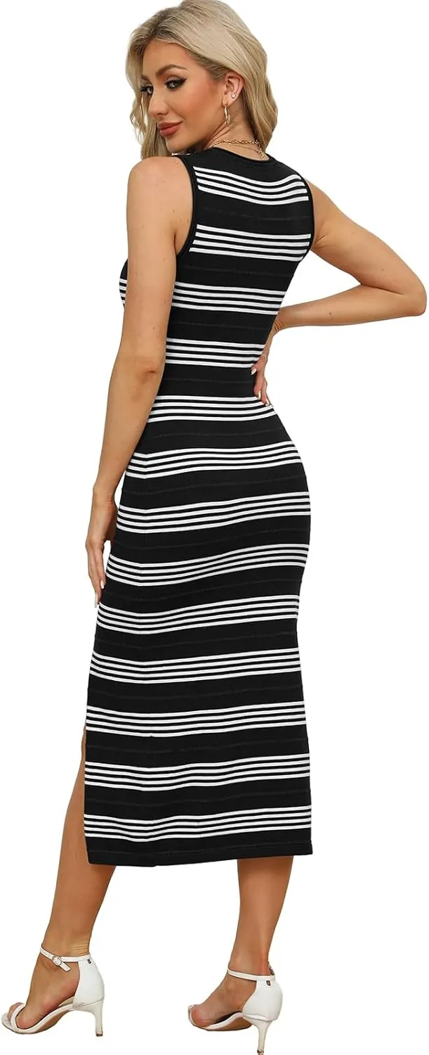 WIHOLL Womens Bodycon Summer Casual Midi Sundress Sleeveless Cute Hollow Out Knit Side Slit Striped Long Tank Dress