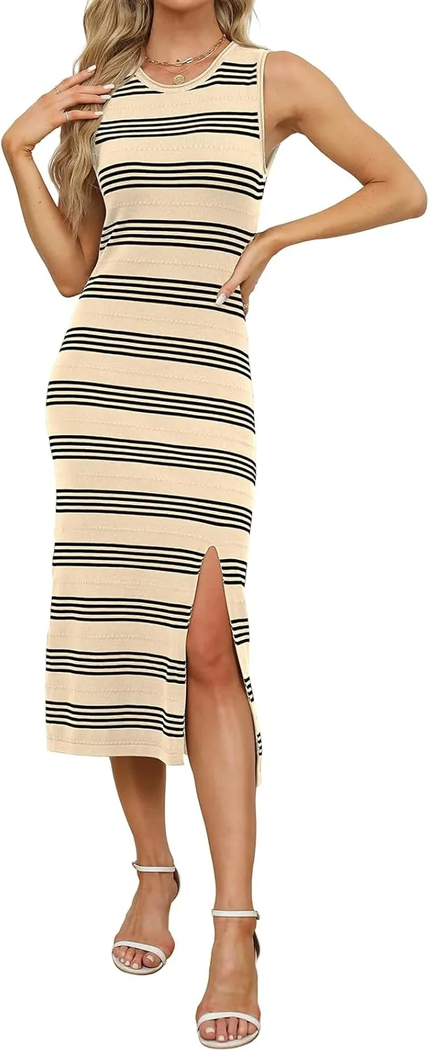 WIHOLL Womens Bodycon Summer Casual Midi Sundress Sleeveless Cute Hollow Out Knit Side Slit Striped Long Tank Dress