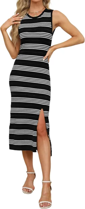 WIHOLL Womens Bodycon Summer Casual Midi Sundress Sleeveless Cute Hollow Out Knit Side Slit Striped Long Tank Dress