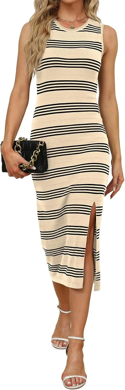 WIHOLL Womens Bodycon Summer Casual Midi Sundress Sleeveless Cute Hollow Out Knit Side Slit Striped Long Tank Dress