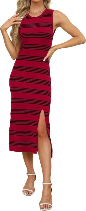 WIHOLL Womens Bodycon Summer Casual Midi Sundress Sleeveless Cute Hollow Out Knit Side Slit Striped Long Tank Dress
