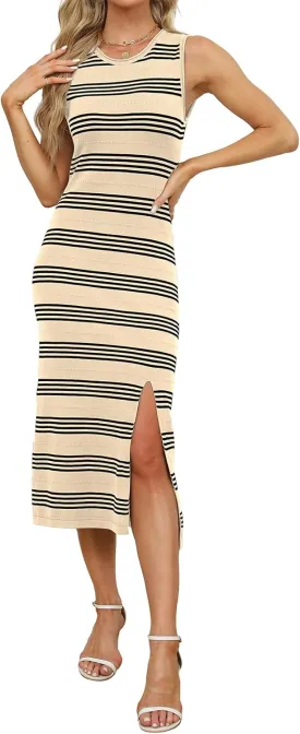 WIHOLL Womens Bodycon Summer Casual Midi Sundress Sleeveless Cute Hollow Out Knit Side Slit Striped Long Tank Dress