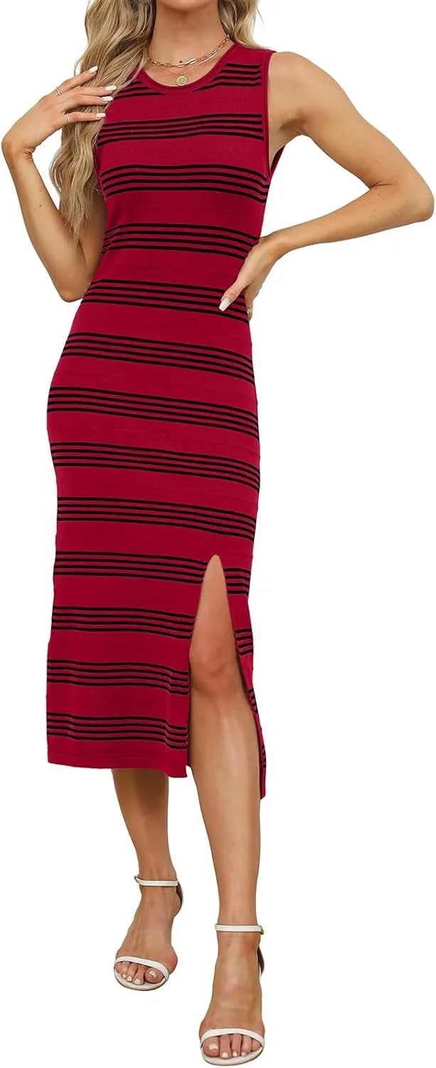 WIHOLL Womens Bodycon Summer Casual Midi Sundress Sleeveless Cute Hollow Out Knit Side Slit Striped Long Tank Dress