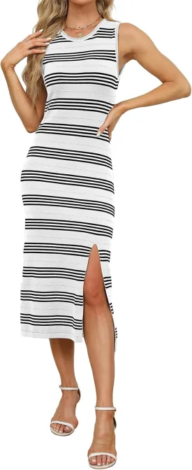 WIHOLL Womens Bodycon Summer Casual Midi Sundress Sleeveless Cute Hollow Out Knit Side Slit Striped Long Tank Dress