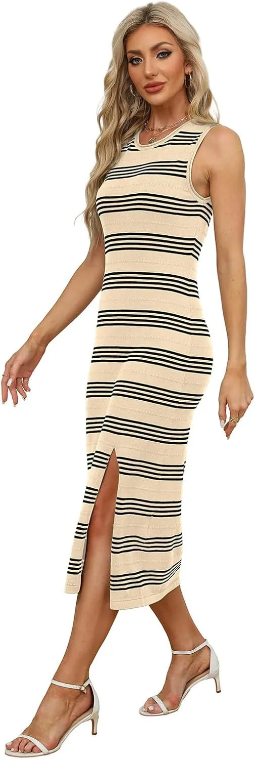 WIHOLL Womens Bodycon Summer Casual Midi Sundress Sleeveless Cute Hollow Out Knit Side Slit Striped Long Tank Dress