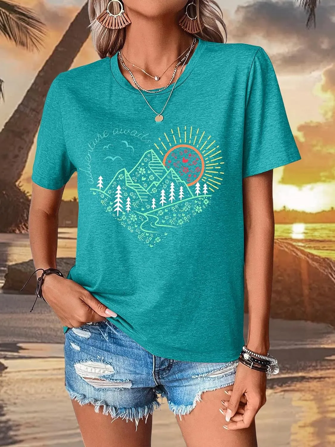 Women Adventure Outdoor Graphic Shirts Kindness Heart Printed Tops Workout Hiking Mountain Tshirts Nature Travel Tees