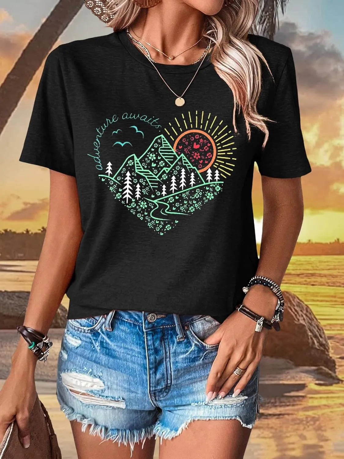 Women Adventure Outdoor Graphic Shirts Kindness Heart Printed Tops Workout Hiking Mountain Tshirts Nature Travel Tees