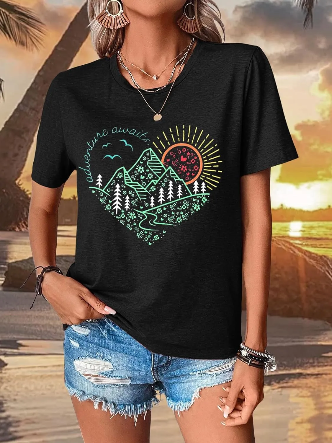 Women Adventure Outdoor Graphic Shirts Kindness Heart Printed Tops Workout Hiking Mountain Tshirts Nature Travel Tees