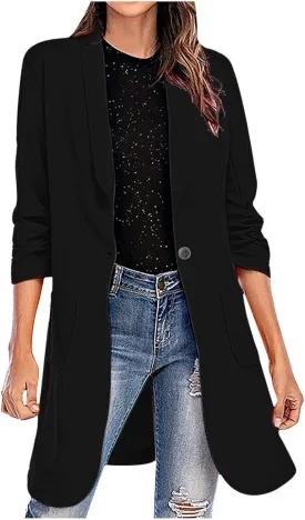 Women Casual Pockets Blazer Long Sleeve Single Button Ladies Elegant Boyfriend Suit Jacket for Office Work Business