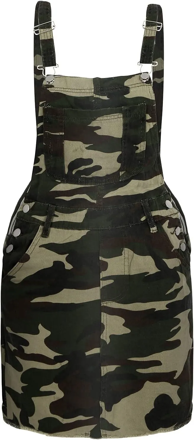 Women Denim Dress Adjustable Strap Distressed Bib Overalls Mini Dresses Summer Sleeveless Casual Dress with Pockets