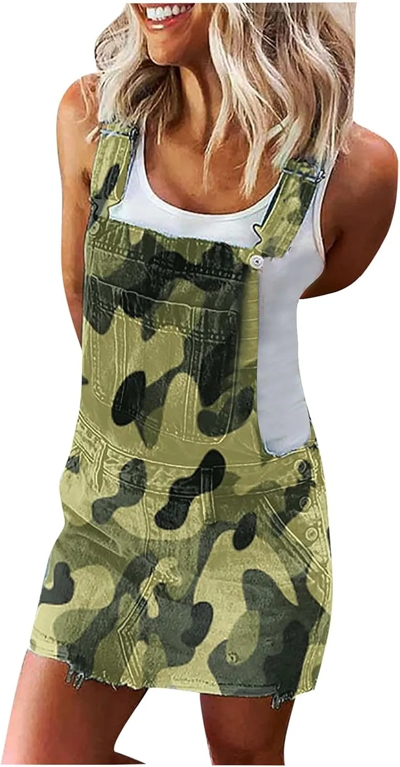 Women Denim Dress Adjustable Strap Distressed Bib Overalls Mini Dresses Summer Sleeveless Casual Dress with Pockets