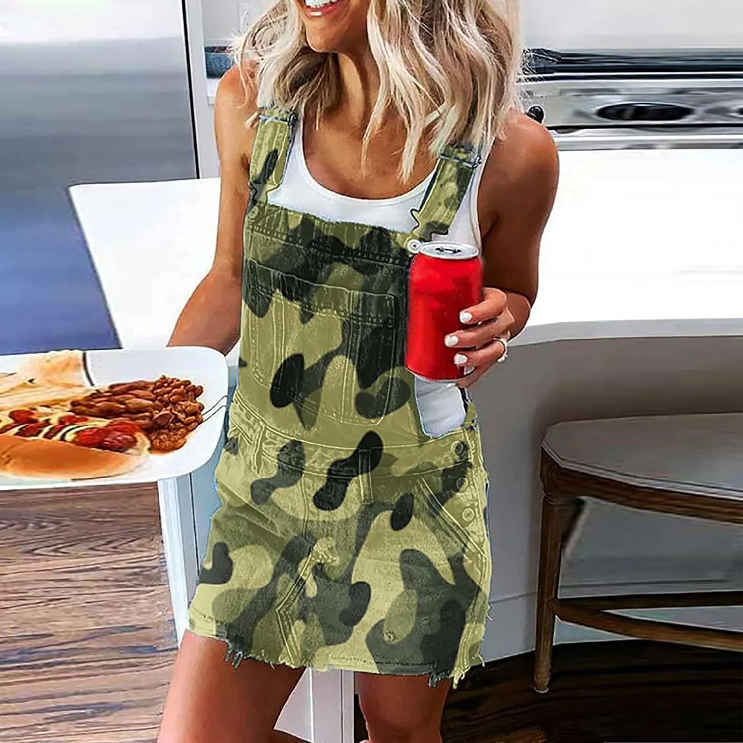 Women Denim Dress Adjustable Strap Distressed Bib Overalls Mini Dresses Summer Sleeveless Casual Dress with Pockets