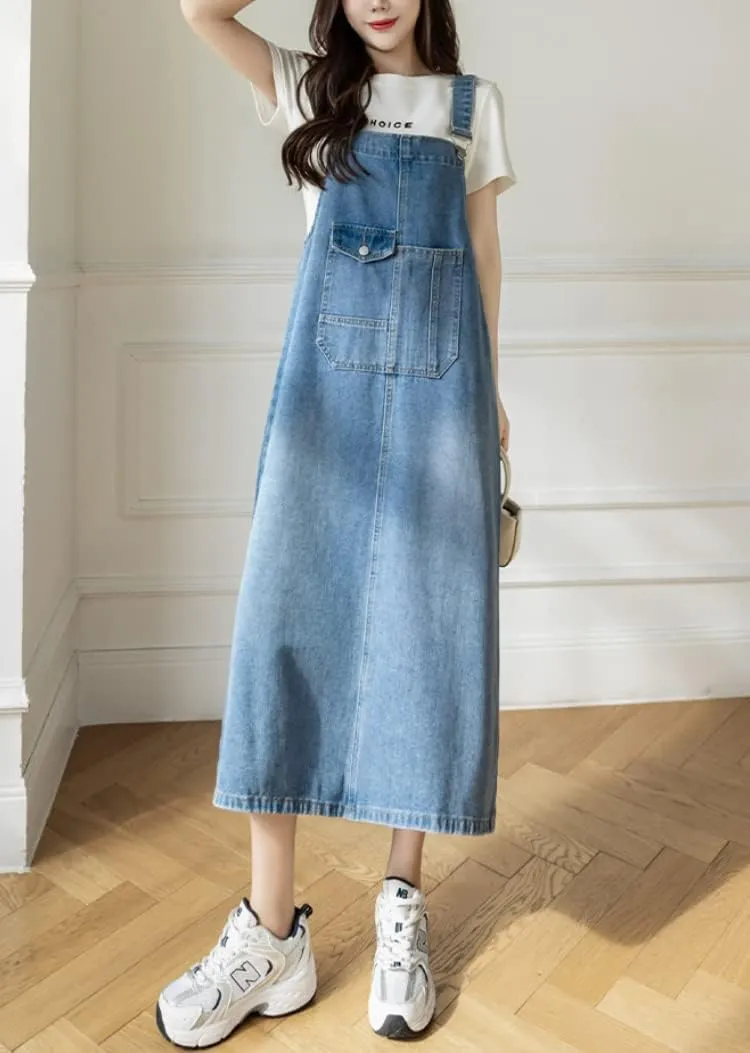 Women Denim Dress Baggy Overalls Jumpsuit Casual Bib A-Line Maxi Jean Dress Rompers with Pockets