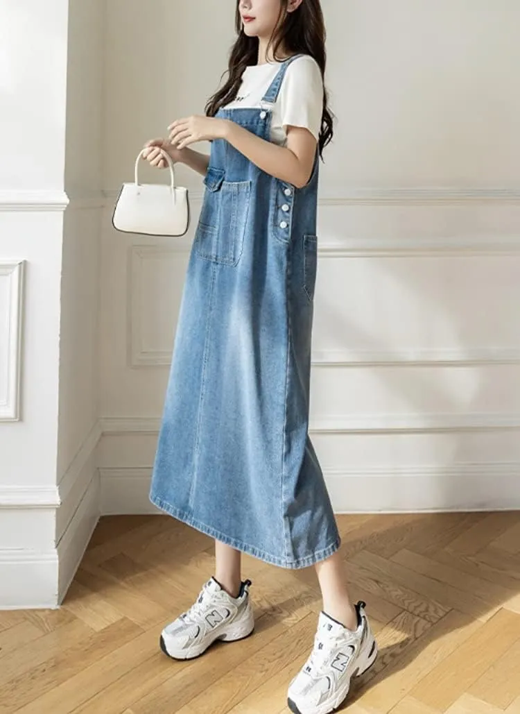 Women Denim Dress Baggy Overalls Jumpsuit Casual Bib A-Line Maxi Jean Dress Rompers with Pockets
