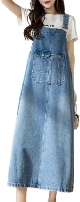Women Denim Dress Baggy Overalls Jumpsuit Casual Bib A-Line Maxi Jean Dress Rompers with Pockets
