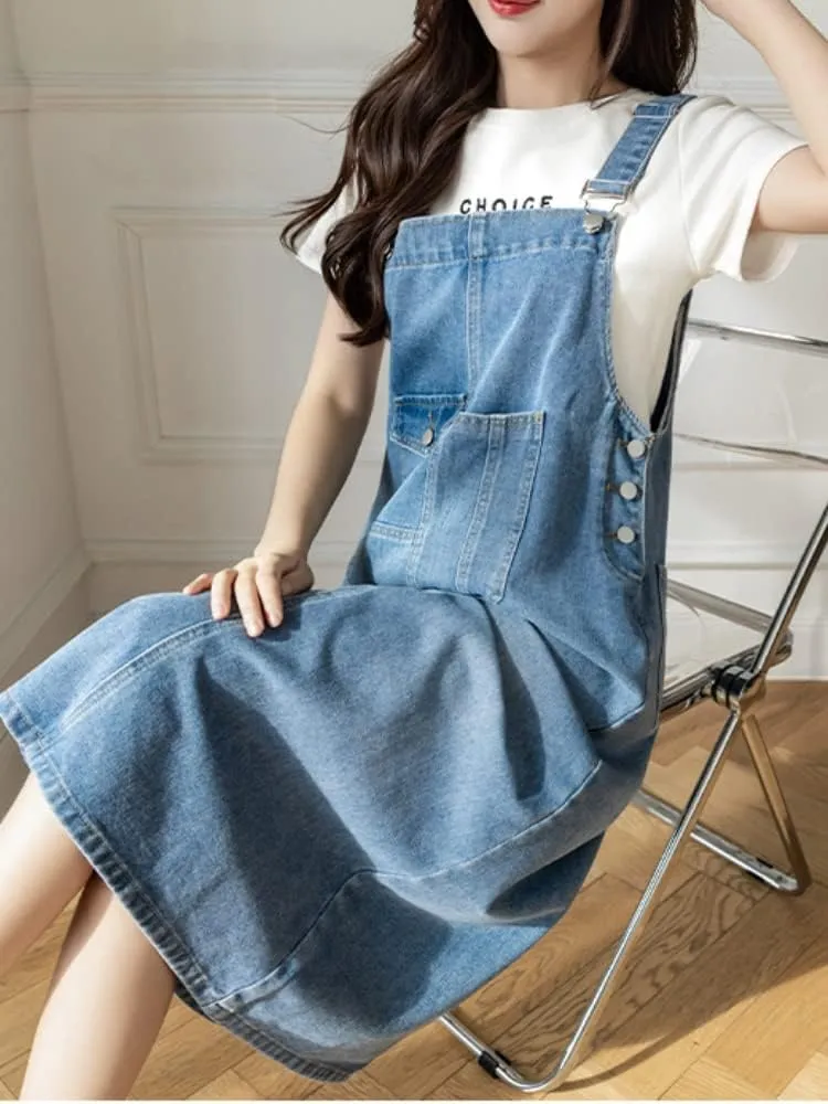Women Denim Dress Baggy Overalls Jumpsuit Casual Bib A-Line Maxi Jean Dress Rompers with Pockets
