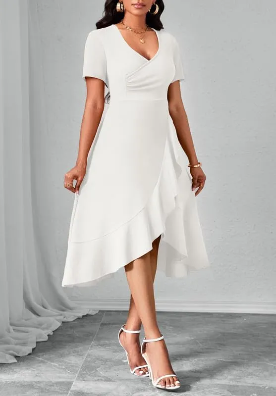 Women Dresses Short Sleeve Semi-Formal Knee Length V Neck Casual Ladies Dress