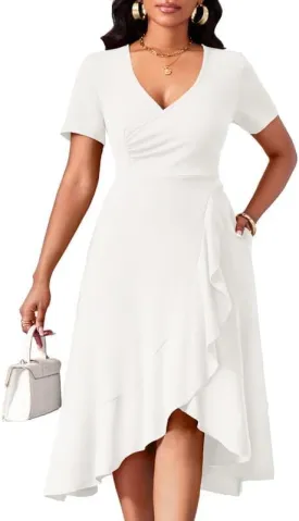 Women Dresses Short Sleeve Semi-Formal Knee Length V Neck Casual Ladies Dress