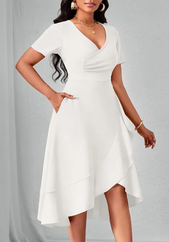 Women Dresses Short Sleeve Semi-Formal Knee Length V Neck Casual Ladies Dress