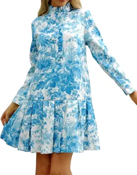 Women Floral Mini Dress Long Sleeve Stand Collar Button Up Elegant Work Swing Short Pleated Dress