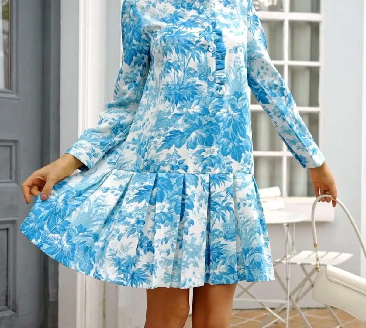 Women Floral Mini Dress Long Sleeve Stand Collar Button Up Elegant Work Swing Short Pleated Dress