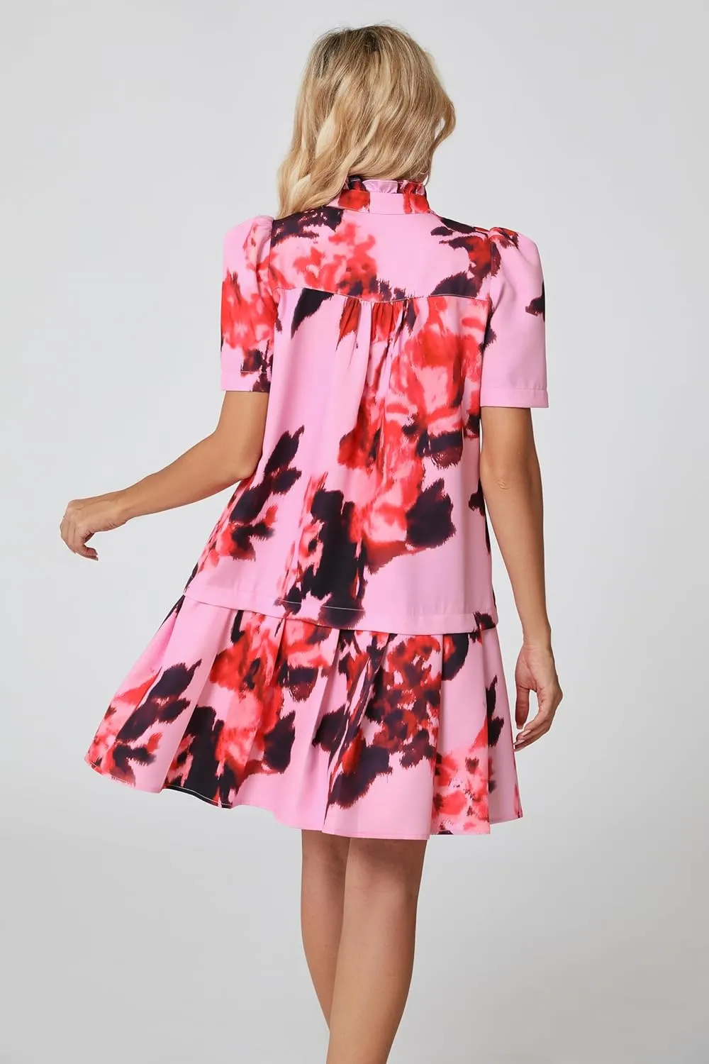Women Floral Mini Dress Short Sleeve Stand Collar Button Up Elegant Work Swing Short Pleated Dress