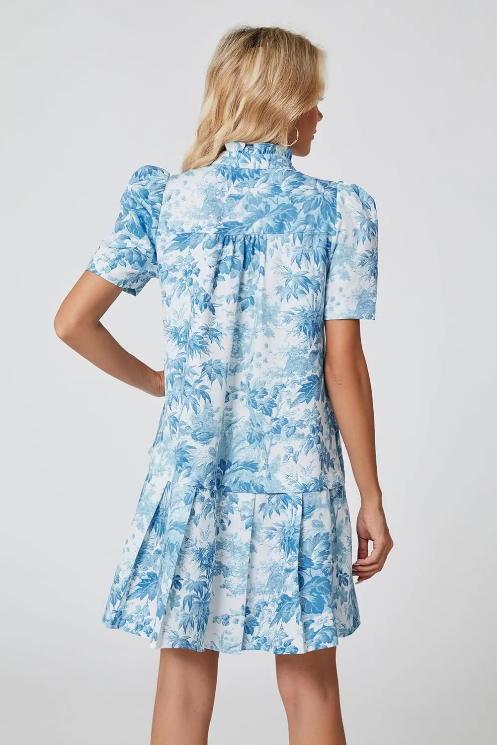 Women Floral Mini Dress Short Sleeve Stand Collar Button Up Elegant Work Swing Short Pleated Dress