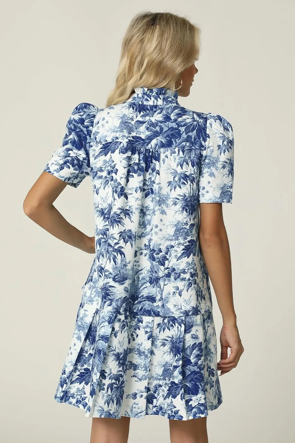 Women Floral Mini Dress Short Sleeve Stand Collar Button Up Elegant Work Swing Short Pleated Dress