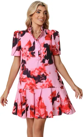 Women Floral Mini Dress Short Sleeve Stand Collar Button Up Elegant Work Swing Short Pleated Dress