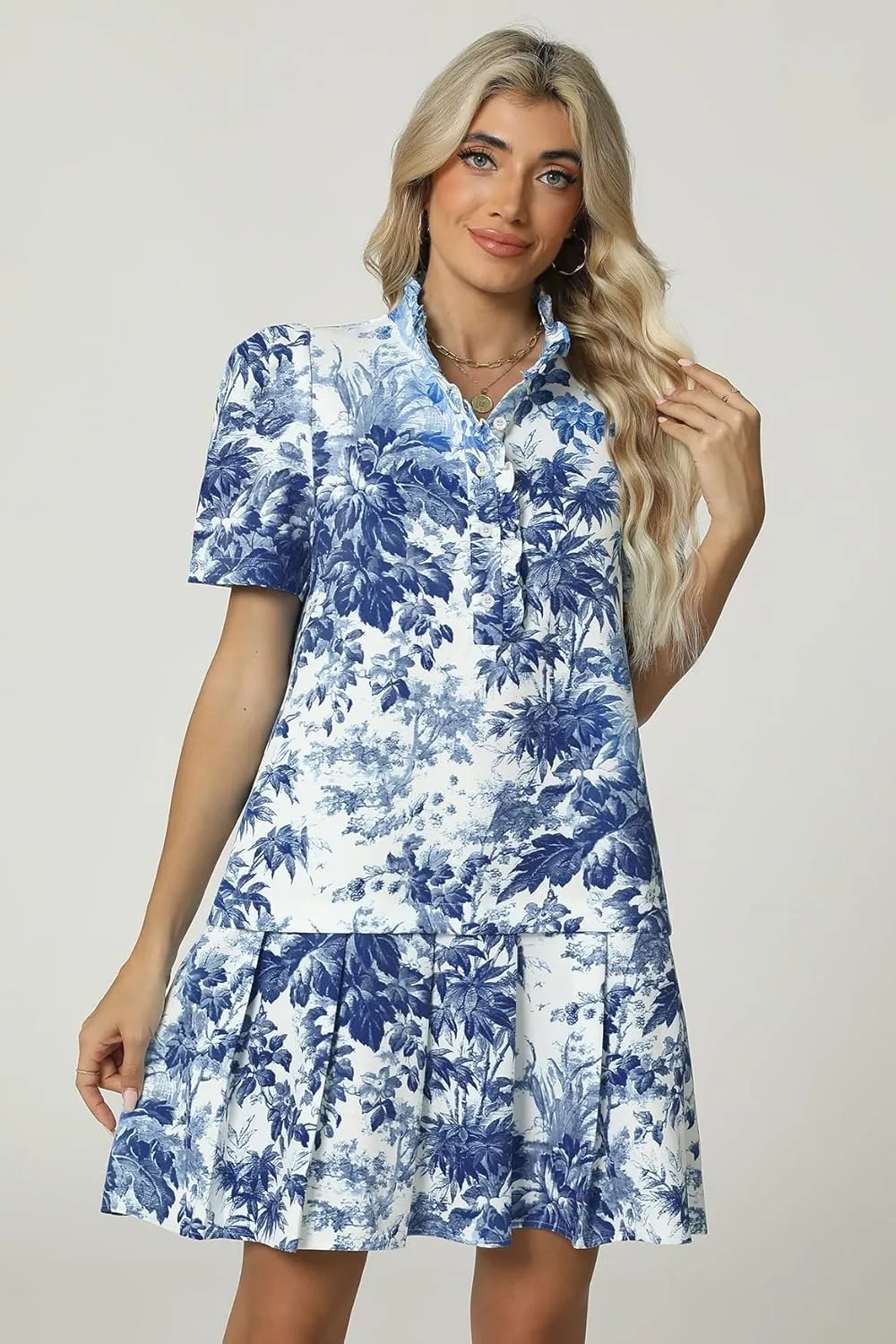 Women Floral Mini Dress Short Sleeve Stand Collar Button Up Elegant Work Swing Short Pleated Dress