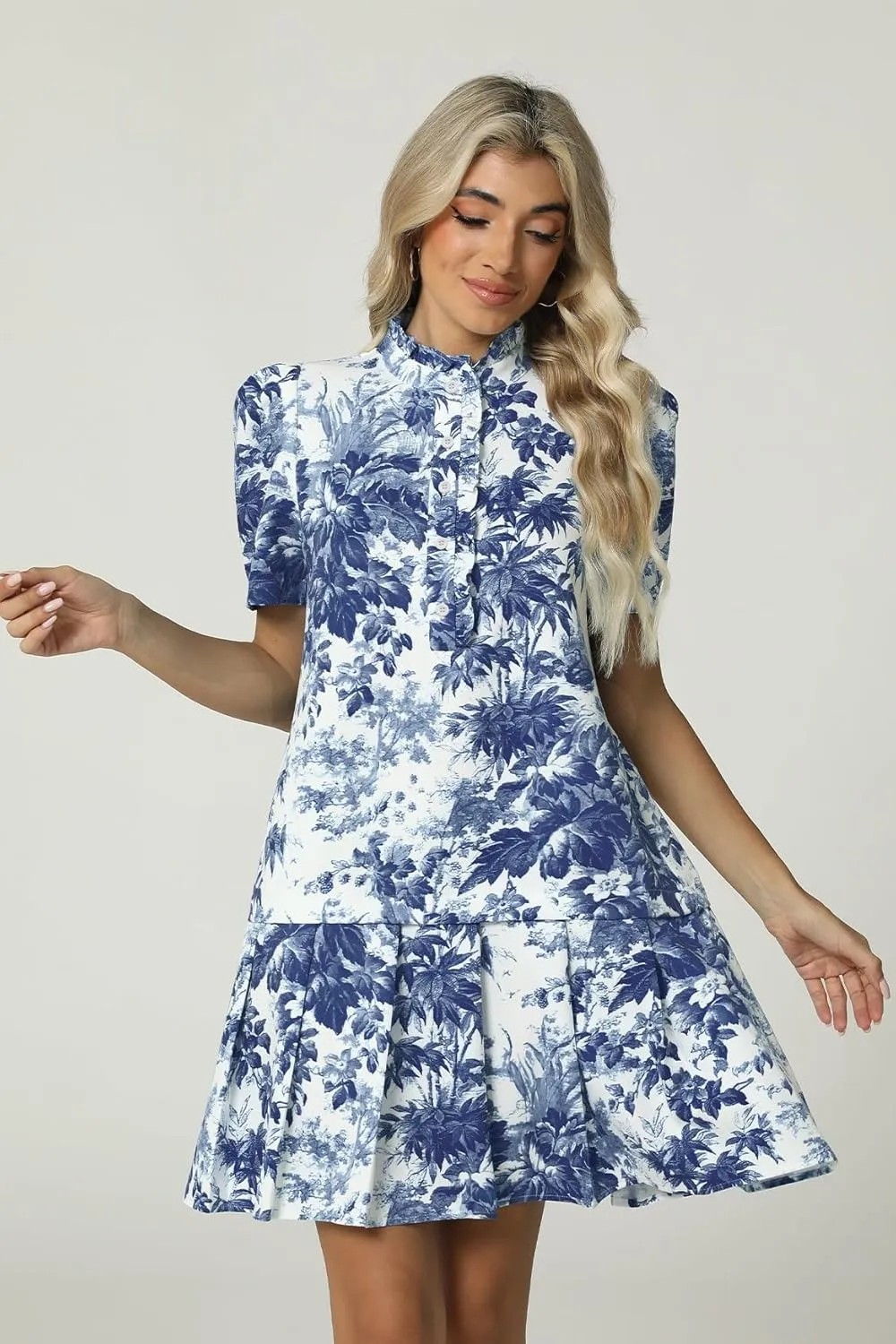 Women Floral Mini Dress Short Sleeve Stand Collar Button Up Elegant Work Swing Short Pleated Dress
