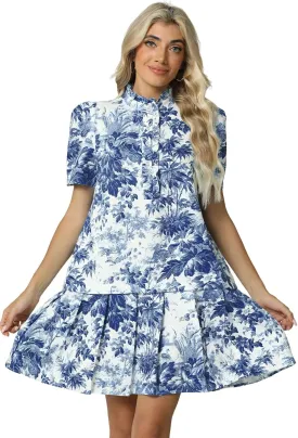 Women Floral Mini Dress Short Sleeve Stand Collar Button Up Elegant Work Swing Short Pleated Dress