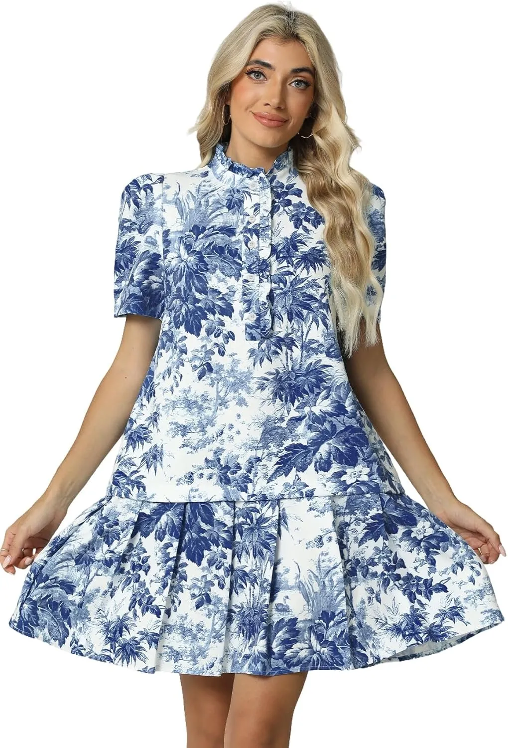 Women Floral Mini Dress Short Sleeve Stand Collar Button Up Elegant Work Swing Short Pleated Dress