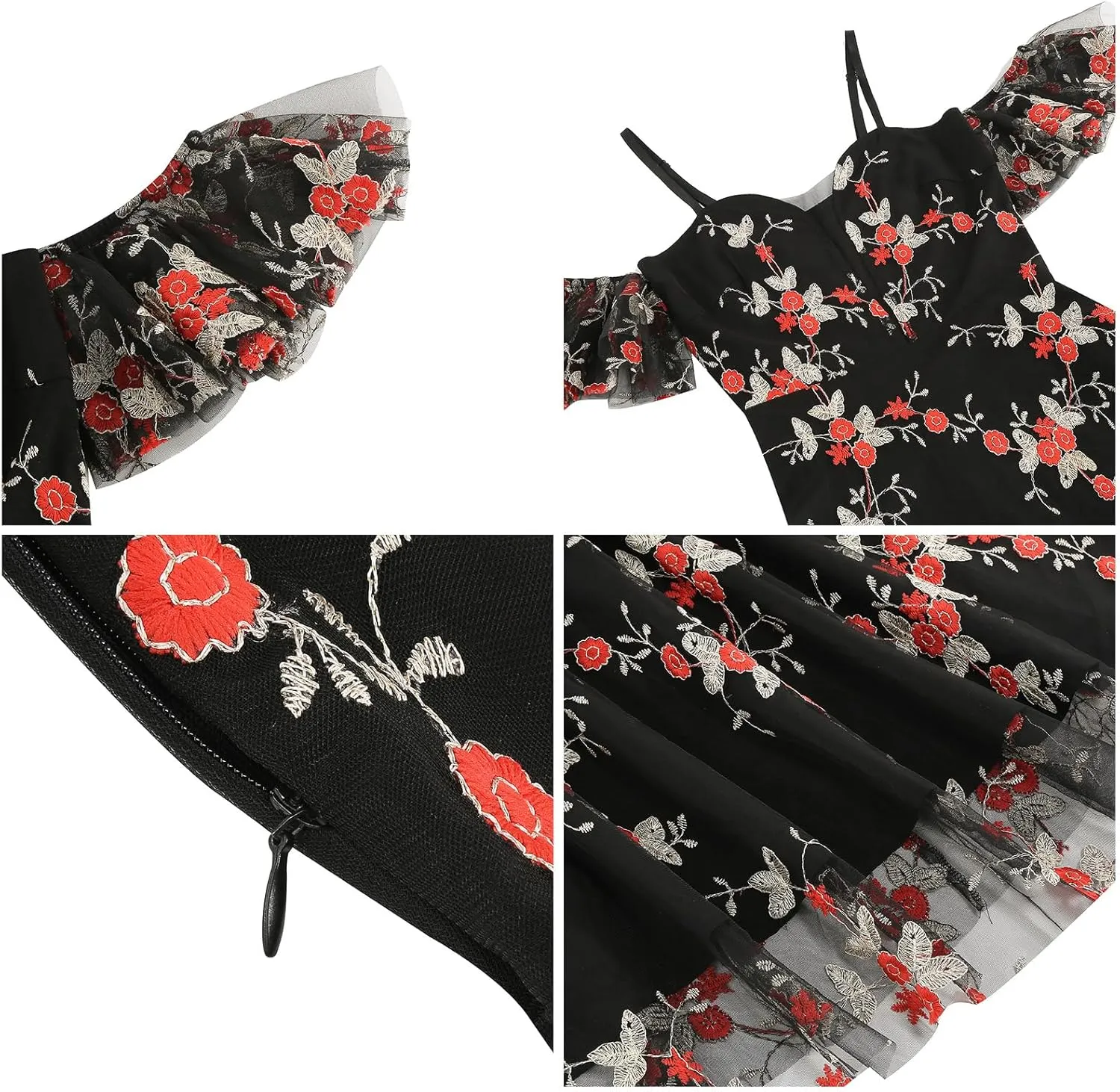 Women Keyhole Floral Embroidery Dress Sheer Mesh Illusion Vintage Cocktail Swing Dress Wedding Party Prom Tulle Evening Dress