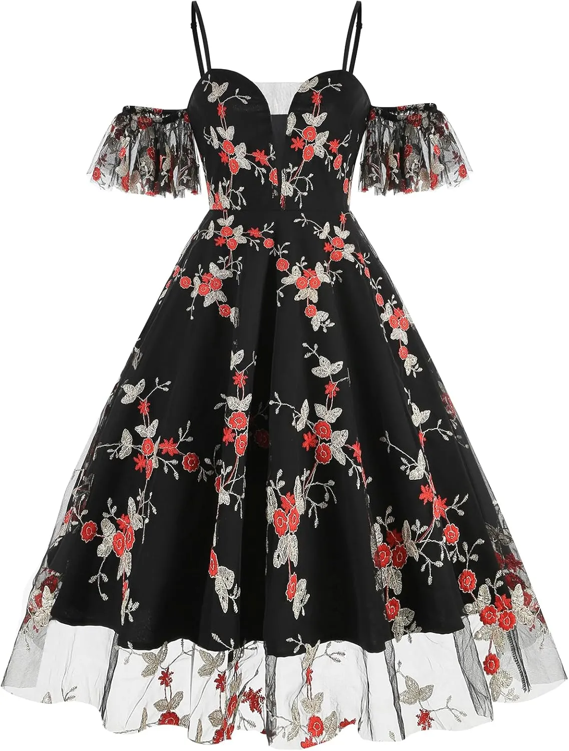 Women Keyhole Floral Embroidery Dress Sheer Mesh Illusion Vintage Cocktail Swing Dress Wedding Party Prom Tulle Evening Dress