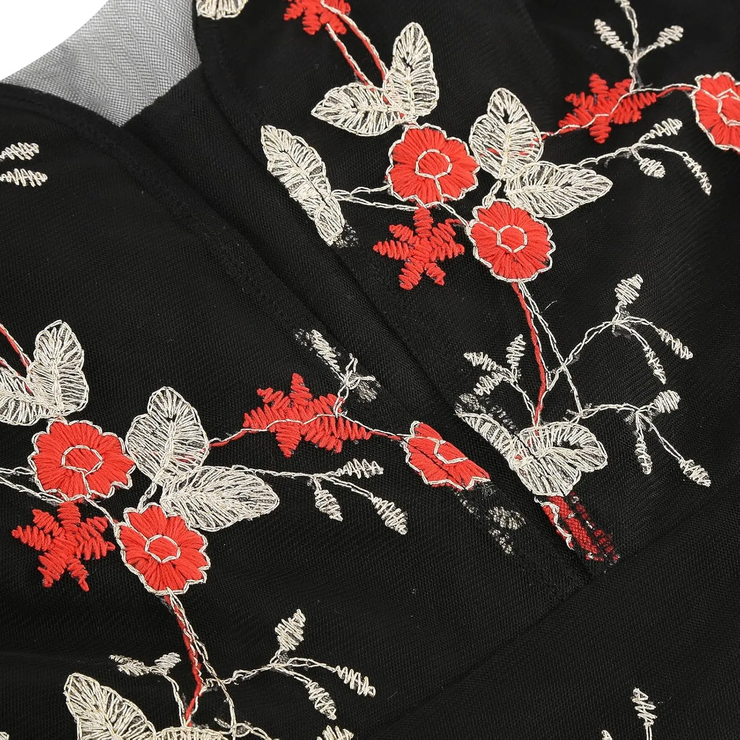 Women Keyhole Floral Embroidery Dress Sheer Mesh Illusion Vintage Cocktail Swing Dress Wedding Party Prom Tulle Evening Dress