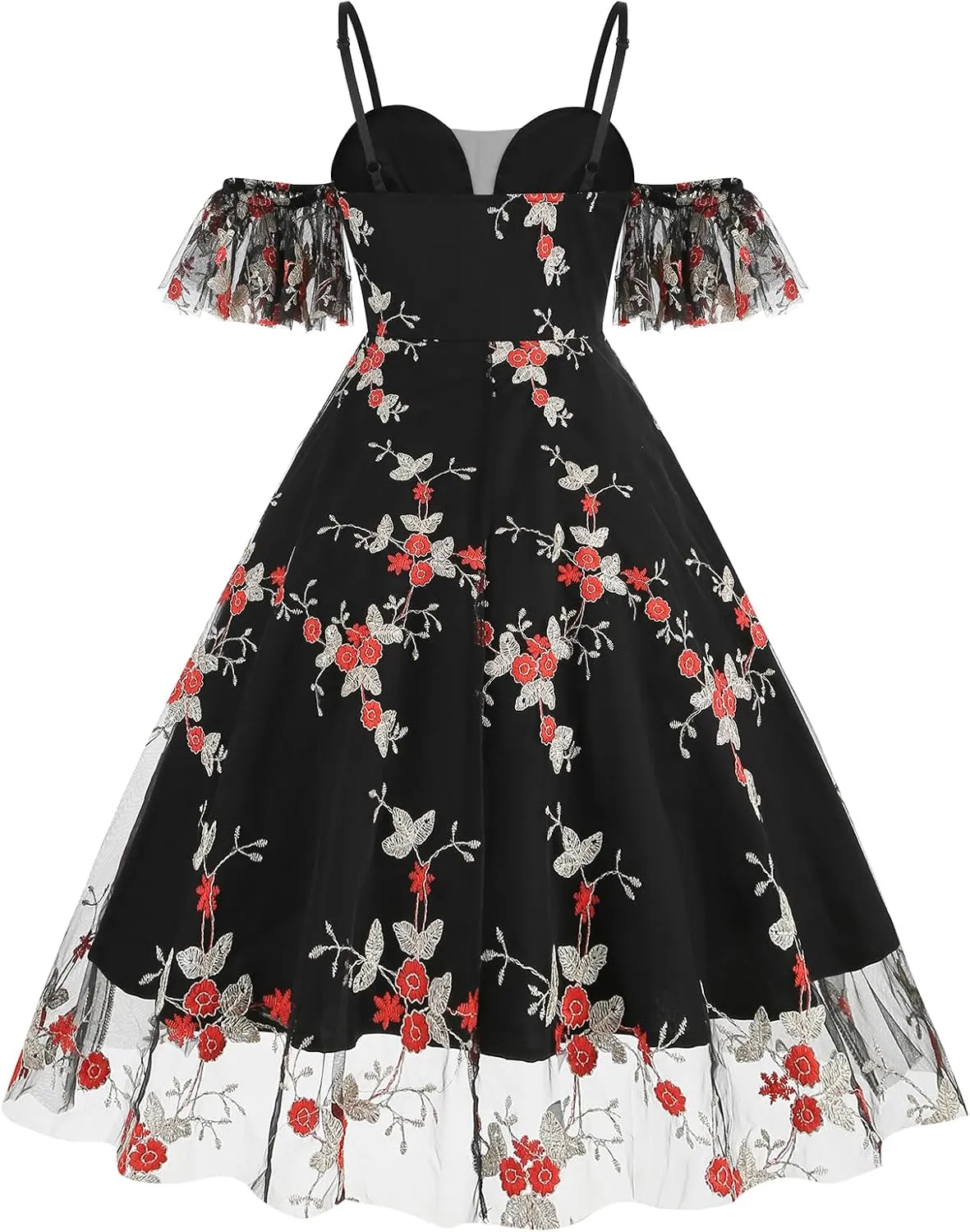 Women Keyhole Floral Embroidery Dress Sheer Mesh Illusion Vintage Cocktail Swing Dress Wedding Party Prom Tulle Evening Dress