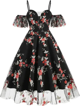 Women Keyhole Floral Embroidery Dress Sheer Mesh Illusion Vintage Cocktail Swing Dress Wedding Party Prom Tulle Evening Dress