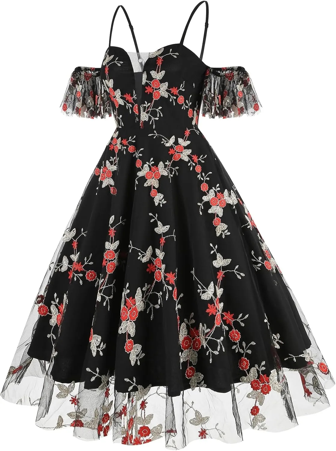 Women Keyhole Floral Embroidery Dress Sheer Mesh Illusion Vintage Cocktail Swing Dress Wedding Party Prom Tulle Evening Dress