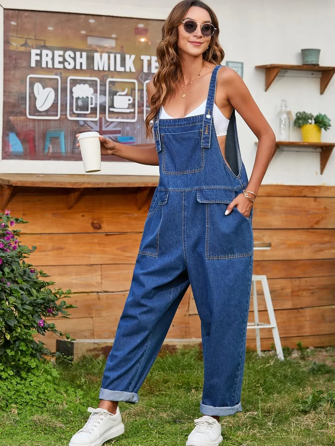 Women Oversized Denim Bib Overalls Jeans Pants Baggy Rompers Jumpsuits with Pockets