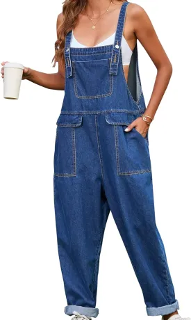 Women Oversized Denim Bib Overalls Jeans Pants Baggy Rompers Jumpsuits with Pockets