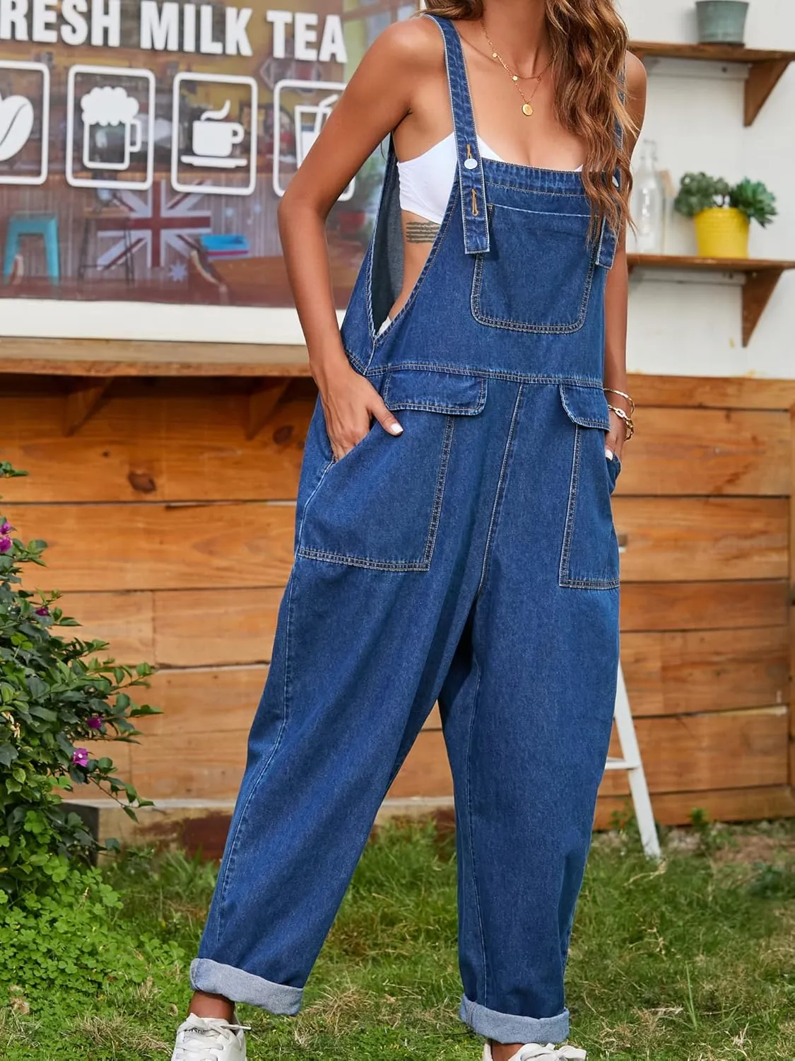 Women Oversized Denim Bib Overalls Jeans Pants Baggy Rompers Jumpsuits with Pockets