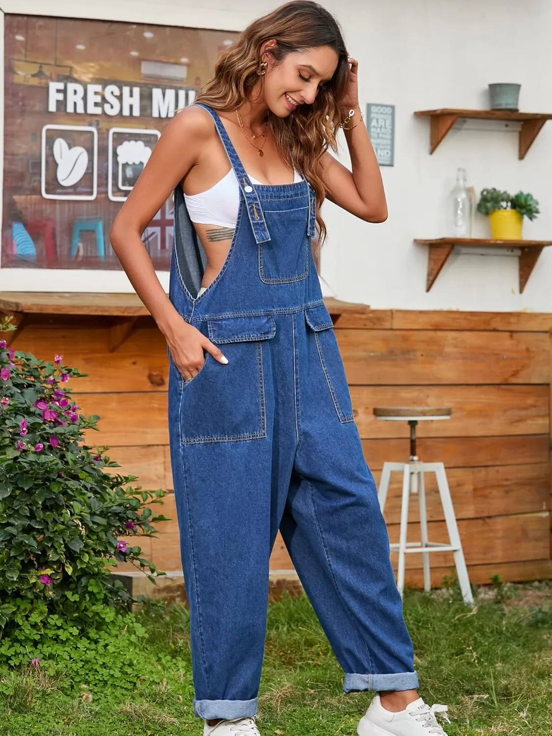 Women Oversized Denim Bib Overalls Jeans Pants Baggy Rompers Jumpsuits with Pockets