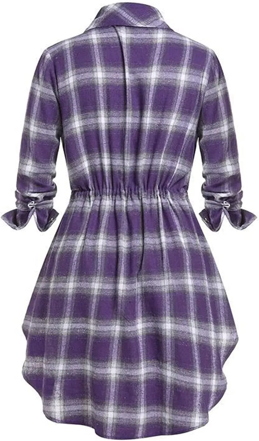 Women Plaid Shirt Dress with PU Waist Belt A-Line High Low Tunic Dresses Elegant Vintage Button Down Dress S-XXL