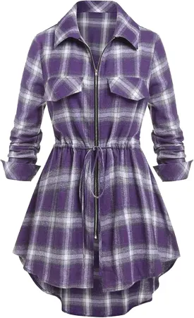 Women Plaid Shirt Dress with PU Waist Belt A-Line High Low Tunic Dresses Elegant Vintage Button Down Dress S-XXL