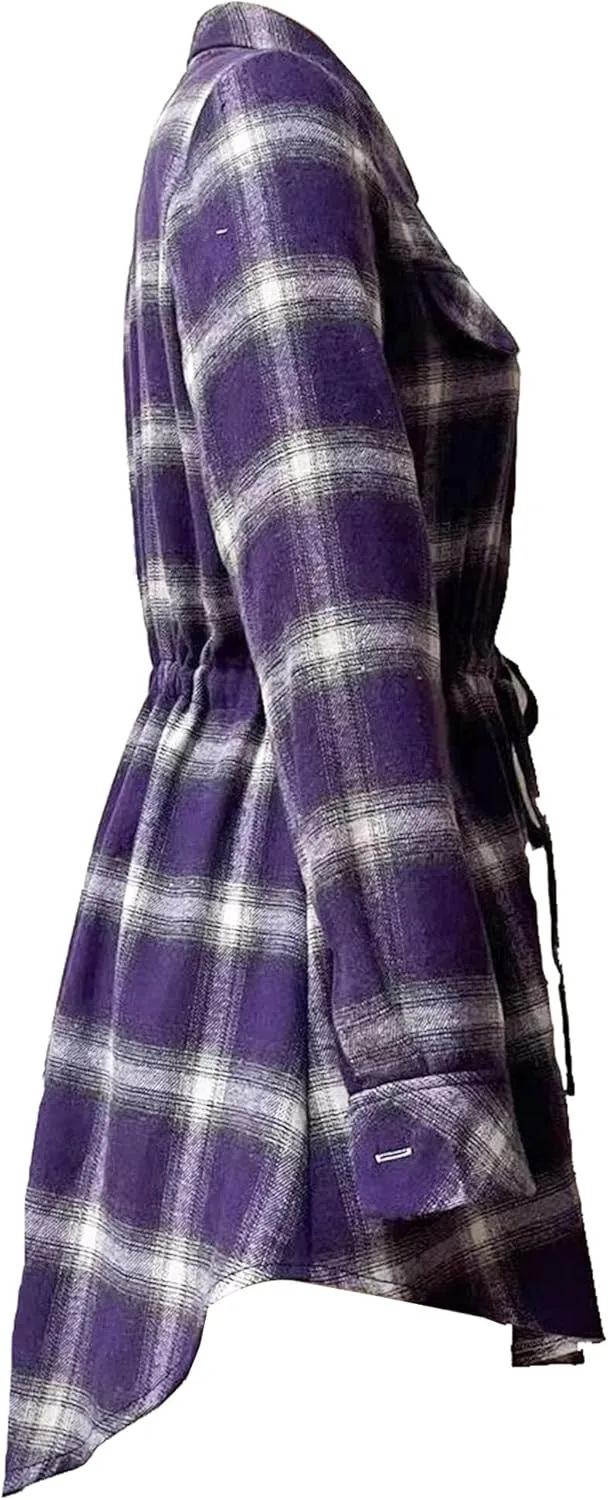 Women Plaid Shirt Dress with PU Waist Belt A-Line High Low Tunic Dresses Elegant Vintage Button Down Dress S-XXL