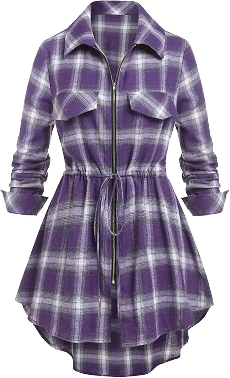Women Plaid Shirt Dress with PU Waist Belt A-Line High Low Tunic Dresses Elegant Vintage Button Down Dress S-XXL