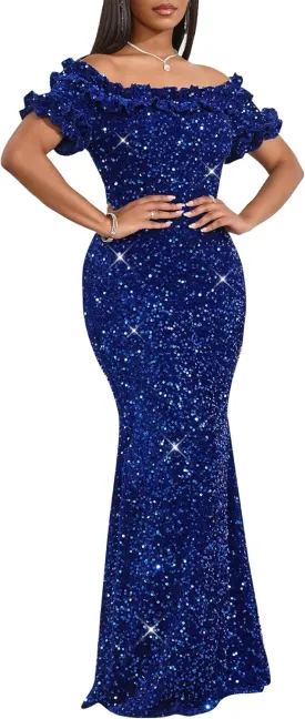 Women Sexy Sequin Off Shoulder Ruffle Short Sleeve Bodycon Mermaid Party Formal Evening Maxi Dress