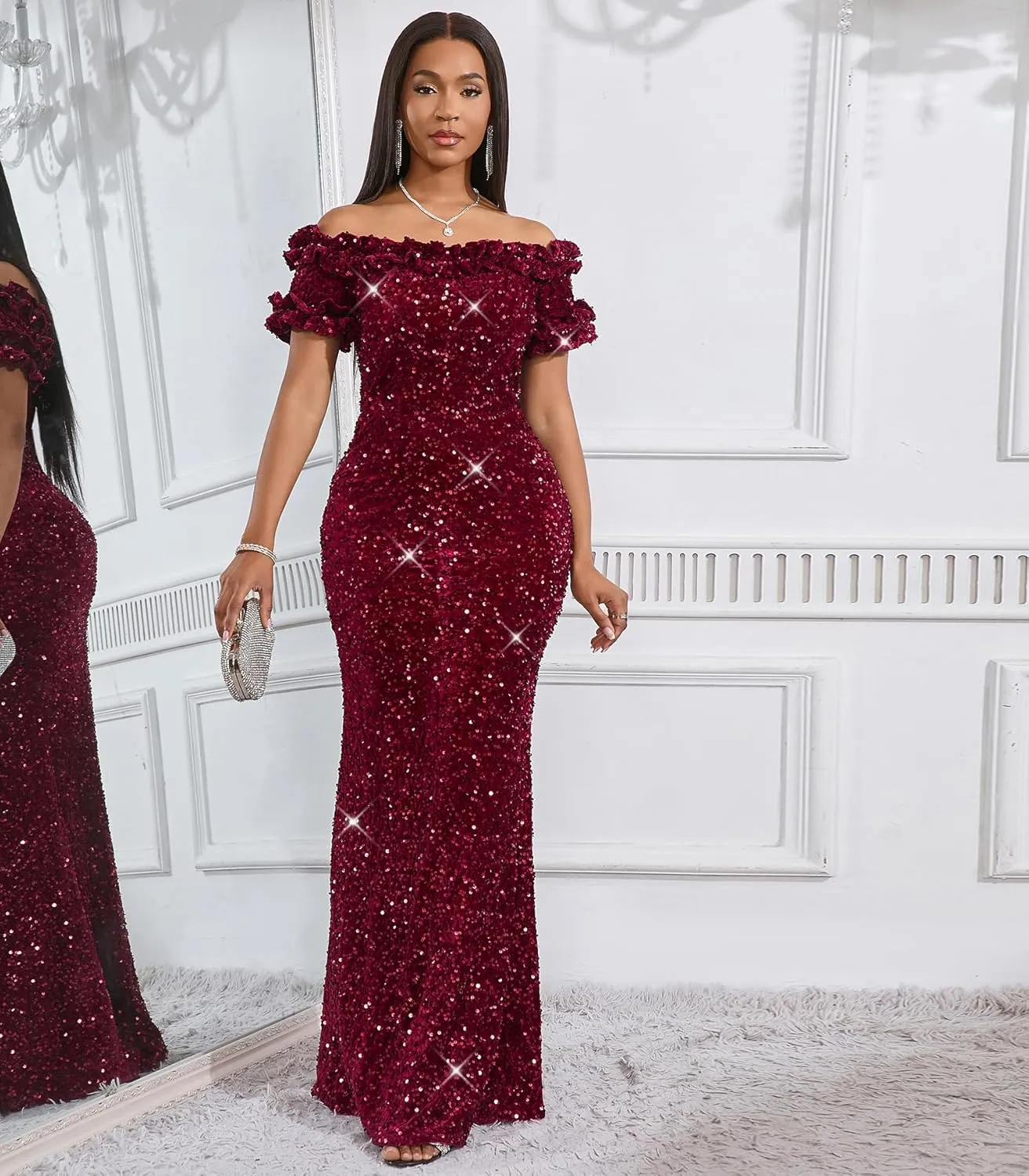 Women Sexy Sequin Off Shoulder Ruffle Short Sleeve Bodycon Mermaid Party Formal Evening Maxi Dress